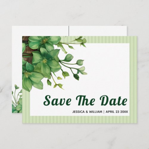 Greenery and stripes spring wedding Save the Date Postcard