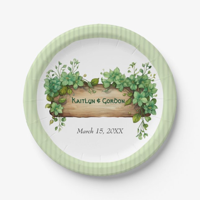 Greenery and stripes St Patricks day Irish wedding Paper Plates (Front)