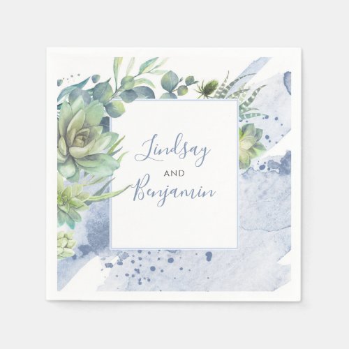 Greenery and Succulents Dusty Blue Elegant Napkins