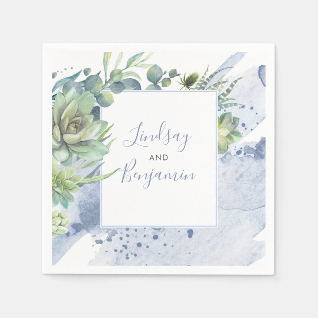 Greenery and Succulents Dusty Blue Elegant Napkins (Front)
