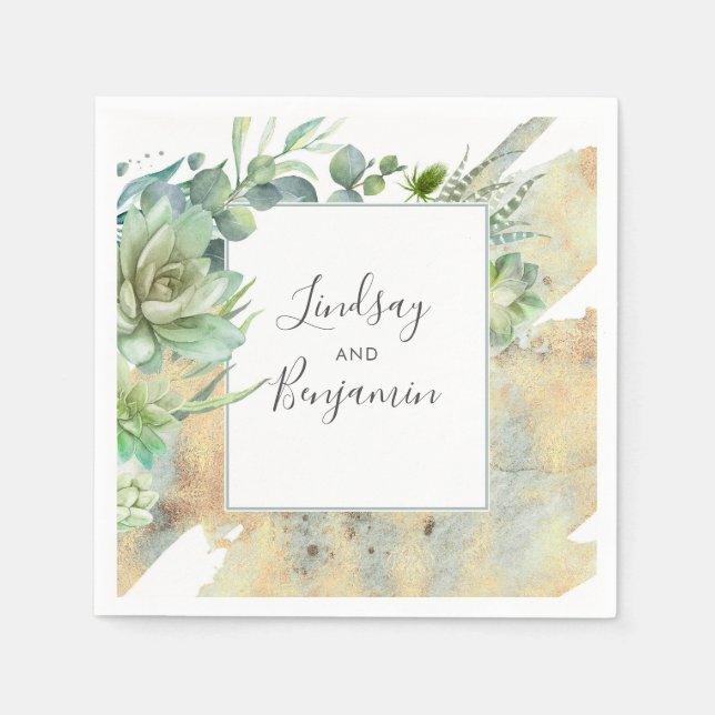 Greenery and Succulents Gold Elegant Napkins (Front)