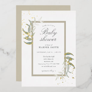 Greenery and tan gold baby shower foil invitation