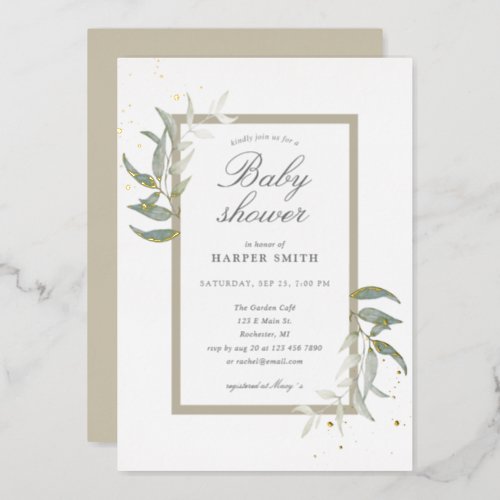Greenery and tan gold baby shower foil invitation