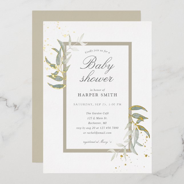 Greenery and tan gold baby shower foil invitation (Front/Back)