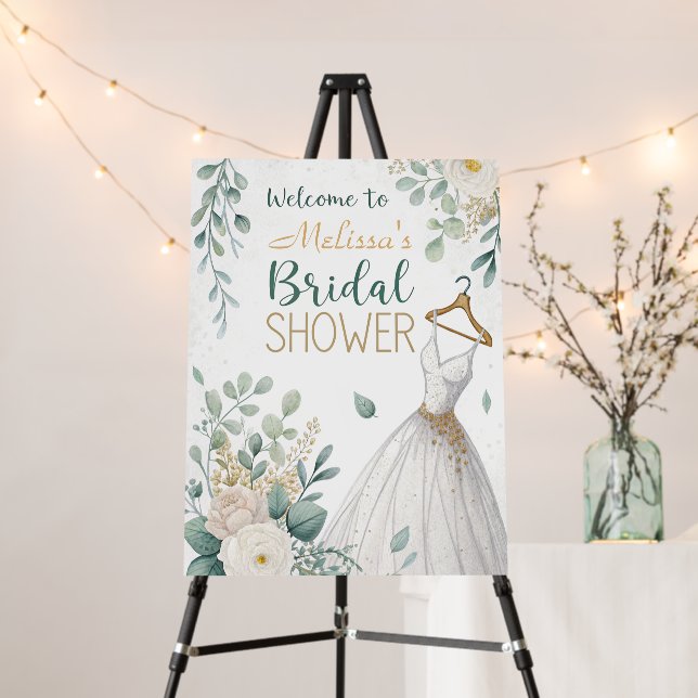 Greenery and Wedding Dress Bridal Shower Welcome  Foam Board (In Situ (Stand))