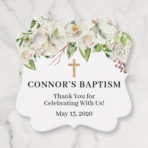 Greenery and White Floral Baptism Favor Tags 