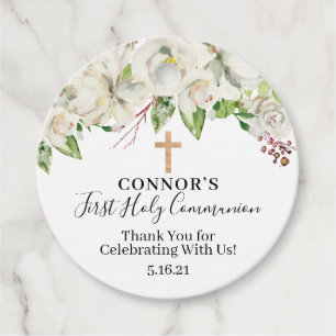 Greenery and White Floral Communion Favor Tags