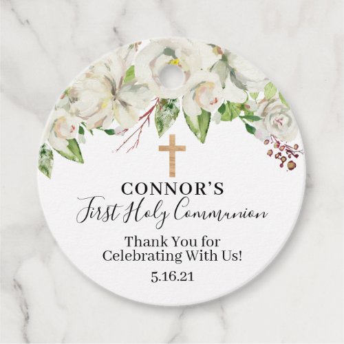 Greenery and White Floral Communion Favor Tags 