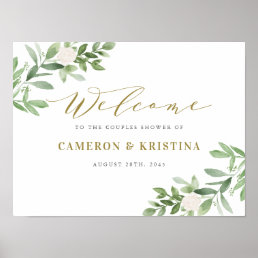 Greenery and White Floral Gold Couple Shower Poster