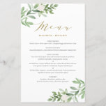 Greenery and White Floral Gold Wedding Menu Card<br><div class="desc">Add a greenery accent to your tablescape with this customizable greenery menu card. It features watercolor illustrations and pattern of foliage and white flowers. This floral menu card is perfect for spring and garden weddings and other events.</div>