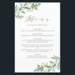 Greenery and White Floral Gold Wedding Menu Card<br><div class="desc">Add a greenery accent to your tablescape with this customizable greenery menu card. It features watercolor illustrations and pattern of foliage and white flowers. This floral menu card is perfect for spring and garden weddings and other events.</div>