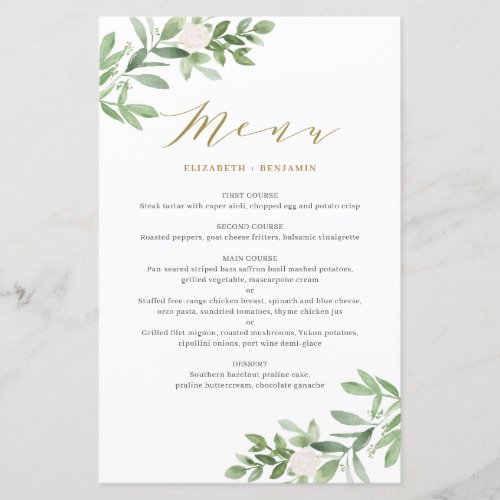 Greenery and White Floral Gold Wedding Menu Card