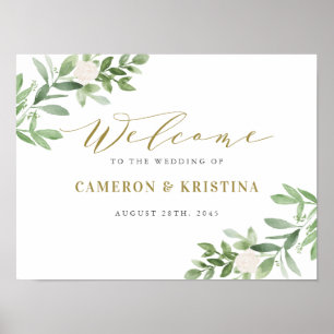 Greenery and White Floral Gold Wedding Welcome Poster