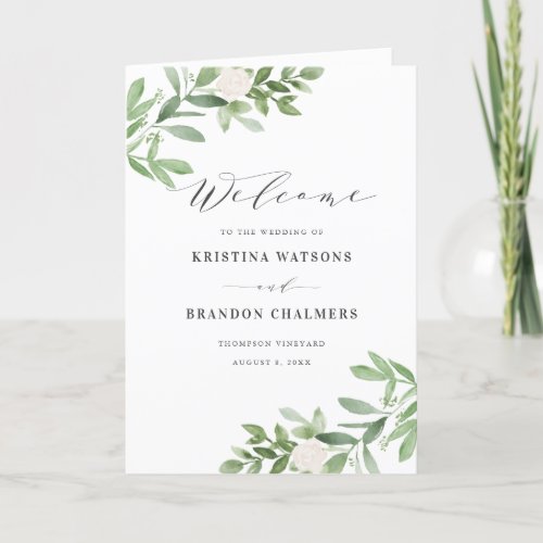 Greenery and White Floral Gray Wedding Booklet Program