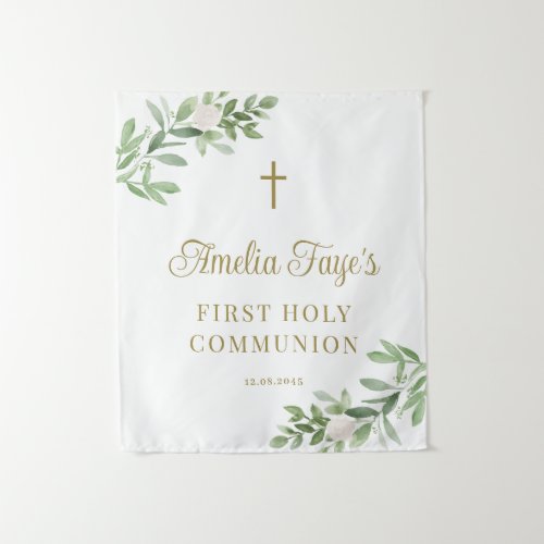 Greenery and White Flower First Communion Backdrop