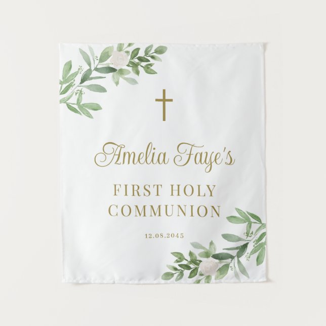 Greenery and White Flower First Communion Backdrop (Front)