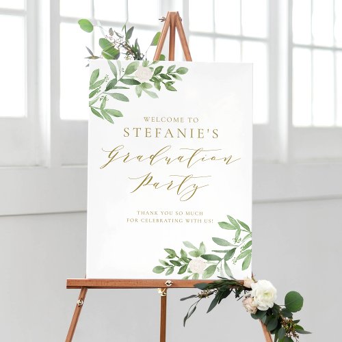 Greenery and White Flower Graduation Party Welcome Poster