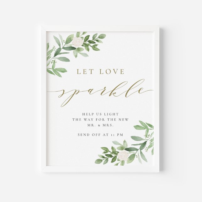 Greenery and White Flower Let Love Sparkle Wedding Poster (Watercolor Greenery and White Flowers Let Love Sparkle Wedding Poster)
