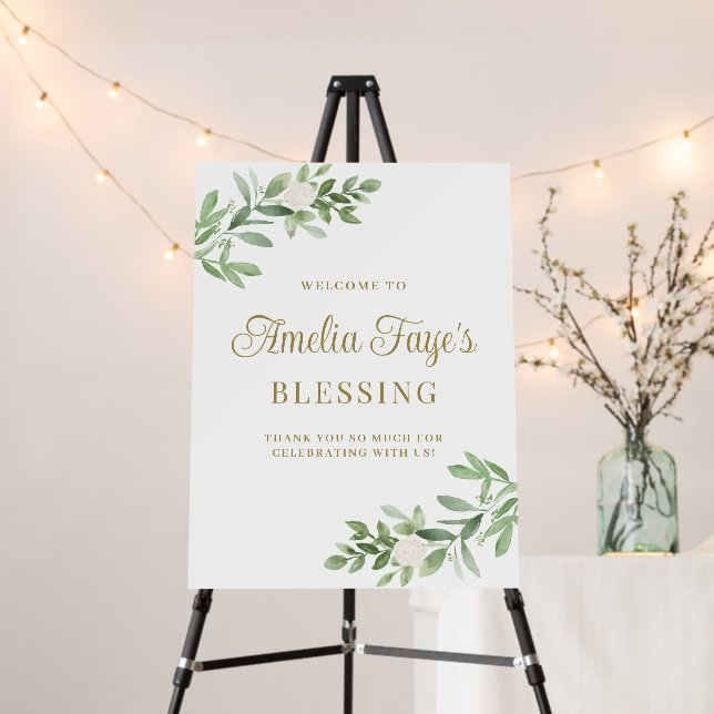 Greenery and White Flowers Baby Blessing Welcome Foam Board (In Situ (Stand))
