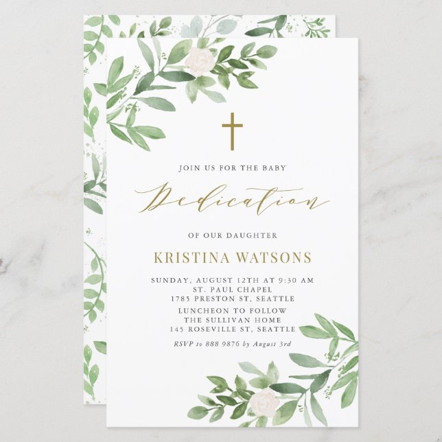 Greenery and White Flowers Baby Dedication Invite (Front/Back)
