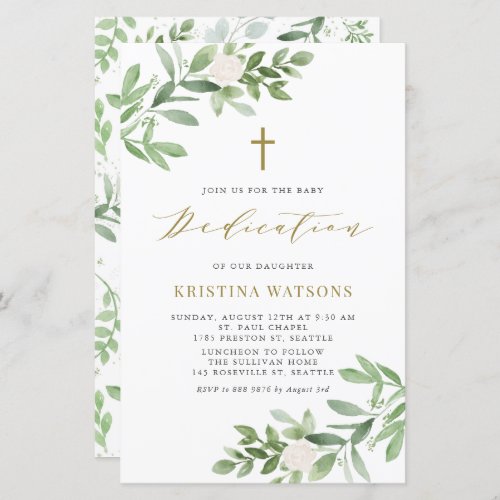 Greenery and White Flowers Baby Dedication Invite