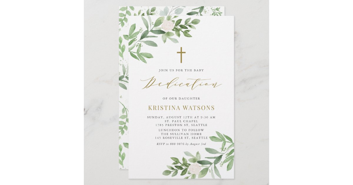 Greenery and White Flowers Baby Dedication Invite | Zazzle