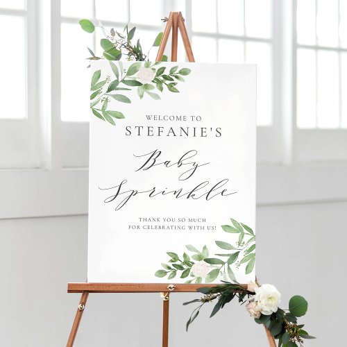 Greenery and White Flowers Baby Sprinkle Welcome Poster