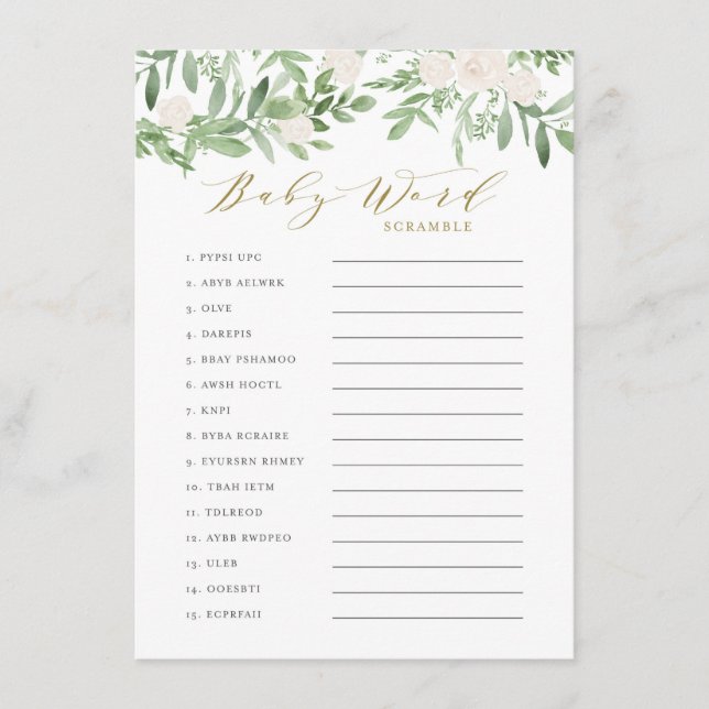 Greenery and White Flowers Baby Word Scramble Game Enclosure Card (Front)