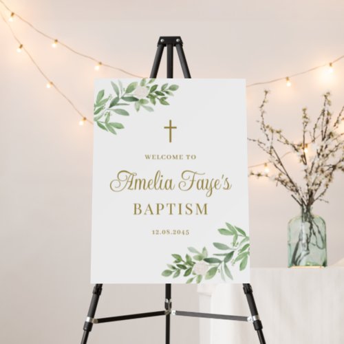 Greenery and White Flowers Baptism Welcome Foam Board