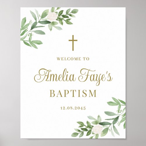 Greenery and White Flowers Baptism Welcome  Poster