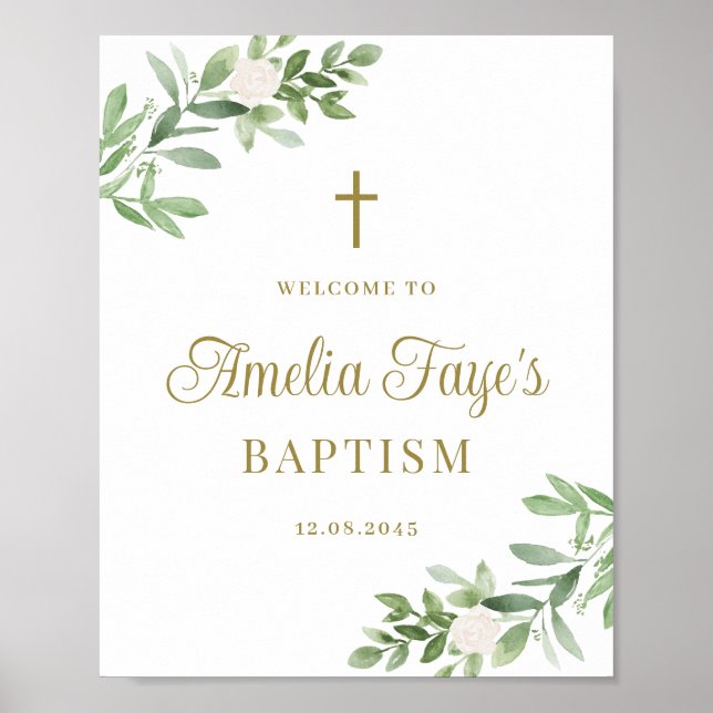 Greenery and White Flowers Baptism Welcome  Poster (Front)