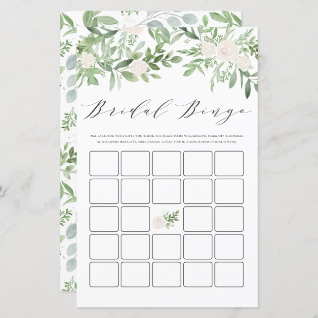 Greenery and White Flowers Bridal Shower Bingo (Front/Back)
