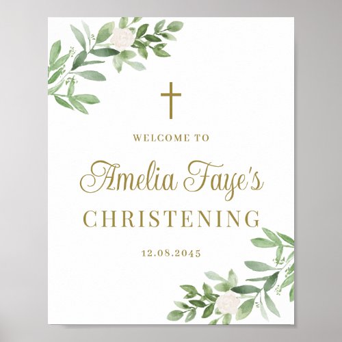 Greenery and White Flowers Christening Welcome Poster