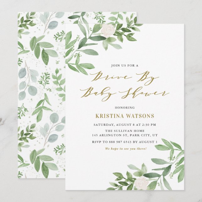 Greenery and White Flowers Drive By Baby Shower Invitation (Front/Back)