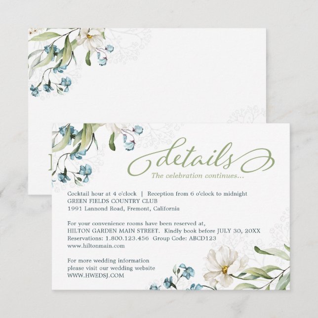 Greenery and white flowers elegant wedding enclosure card (Front/Back)