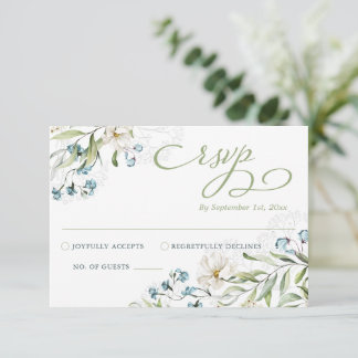 Greenery and white flowers elegant wedding RSVP card