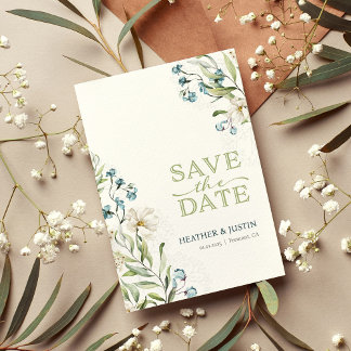 Greenery and white flowers elegant wedding save the date