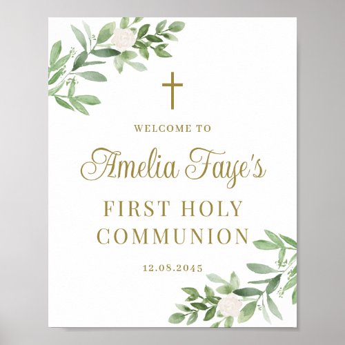 Greenery and White Flowers First Communion Welcome Poster