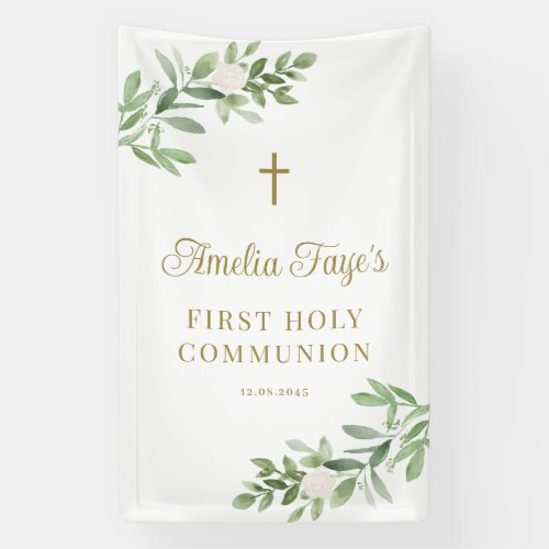 Greenery and White Flowers First Holy Communion Banner