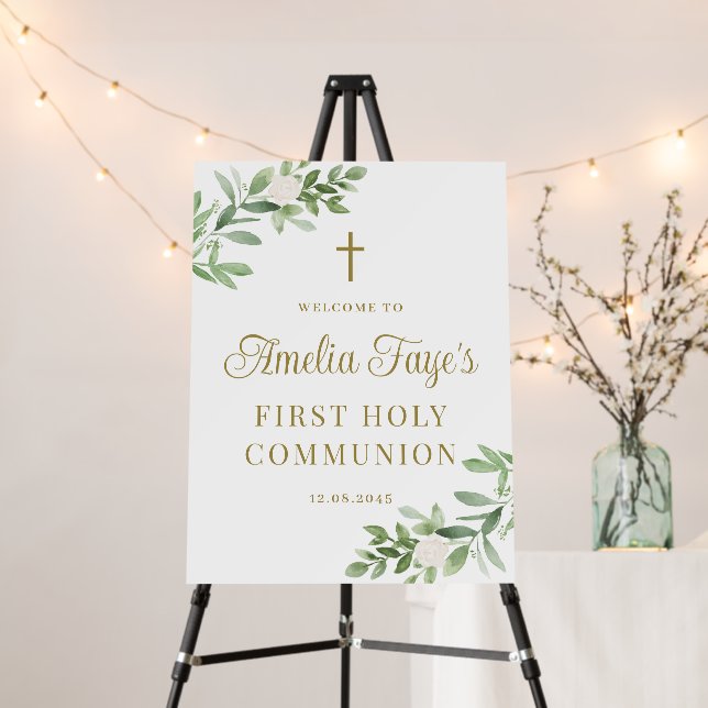 Greenery and White Flowers First Holy Communion Foam Board (In Situ (Stand))