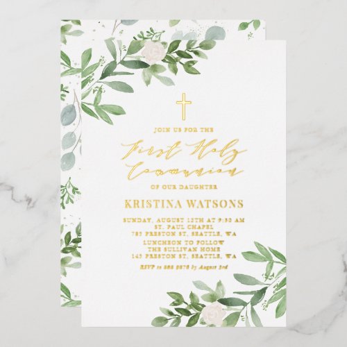 Greenery and White Flowers First Holy Communion Foil Invitation