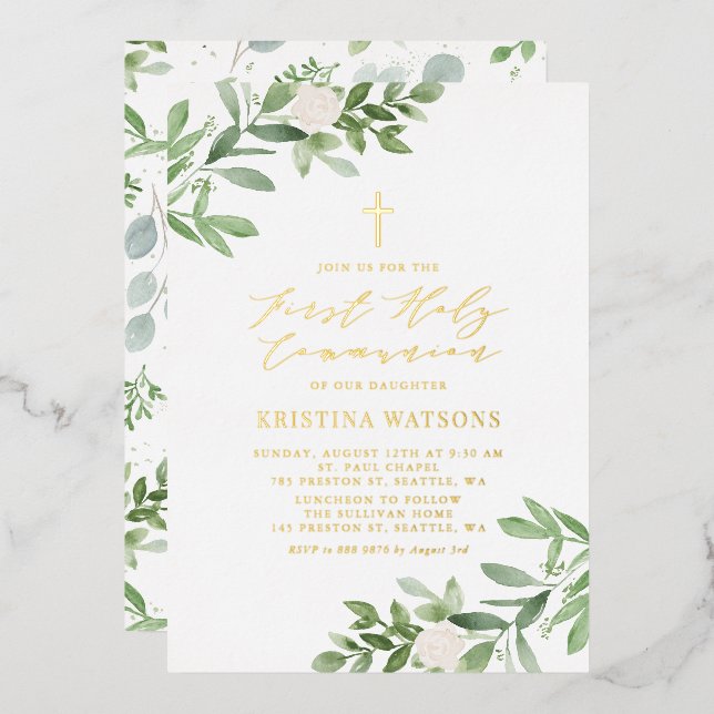 Greenery and White Flowers First Holy Communion Foil Invitation (Front/Back)