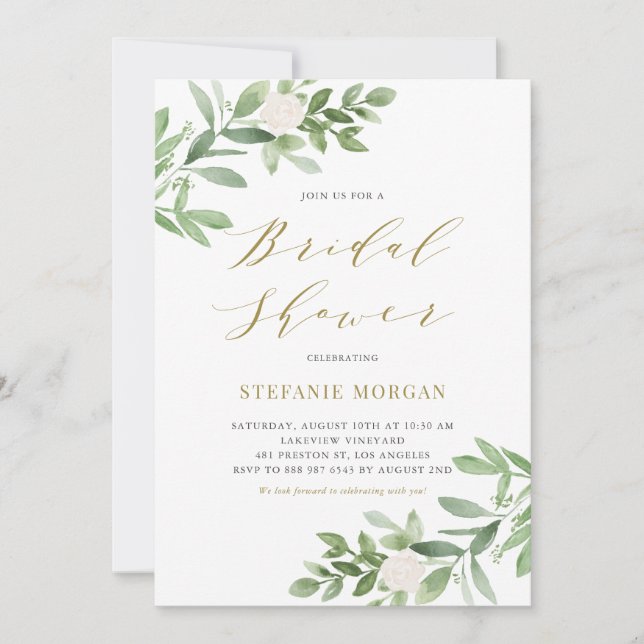 Greenery and White Flowers Gold Bridal Shower Invitation (Front)