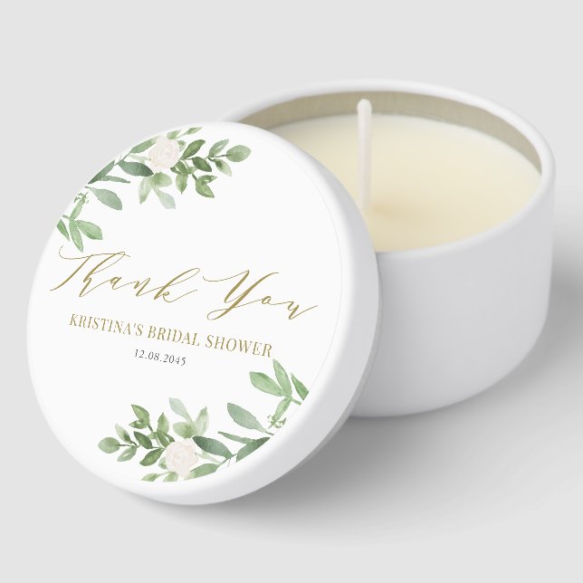 Greenery and White Flowers Gold Bridal Shower Mini Candle Favors (Corner)