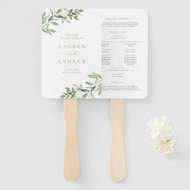 Greenery and White Flowers Gold Wedding Program Hand Fan (Front and Back)