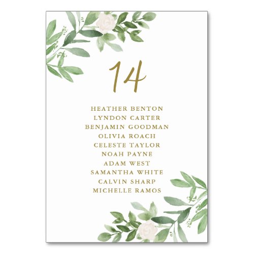 Greenery and White Flowers Gold Wedding Seating Table Number