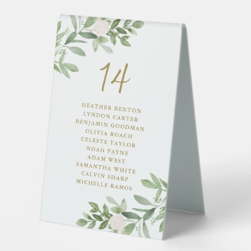 Greenery and White Flowers Gold Wedding Seating Table Tent Sign