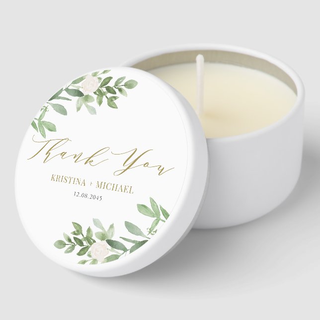 Greenery and White Flowers Gold Wedding Thank You Mini Candle Favors (Corner)