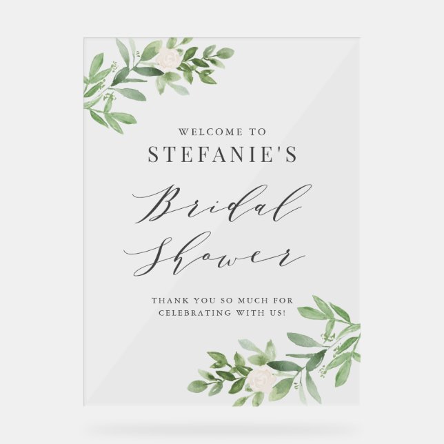 Greenery and White Flowers Gray Bridal Shower Acrylic Sign (Front)