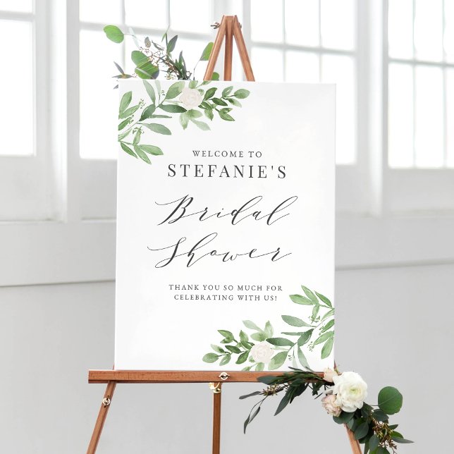 Greenery and White Flowers Gray Bridal Shower Poster (Creator Uploaded)